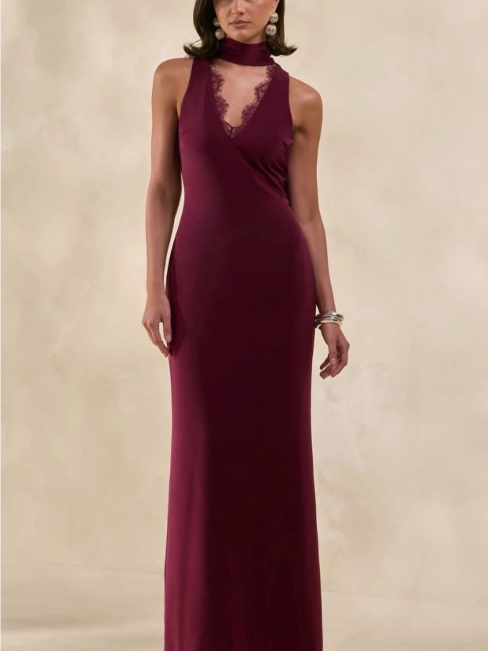Elegant Halter Maxi Dress in Burgundy with Lace Detail